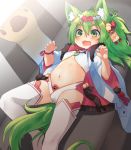  1girl animal_ear_fluff animal_ears azur_lane bangs bell belly blush child dutch_angle eyebrows_visible_through_hair fangs green_eyes green_hair hair_bell hair_between_eyes hair_ornament highres isokaze_(azur_lane) jingle_bell long_hair long_sleeves navel open_mouth solo tail thigh-highs toba_hiyoko wide_sleeves 