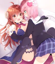  2girls ahoge amedamacon blush brown_eyes brown_hair chiyoda_momo demon_girl demon_horns demon_tail eyebrows_visible_through_hair fang hair_ornament highres horns long_hair machikado_mazoku multiple_girls open_mouth panties pink_hair revealing_clothes school_uniform shiny shiny_hair skin_fang spread_legs tail thigh-highs underwear yoshida_yuuko_(machikado_mazoku) yuri 