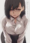  1girl bangs black_hair bra breasts collared_shirt commentary dress_shirt glasses hair_behind_ear highres hoshi_san_3 large_breasts leaning_forward looking_to_the_side medium_hair mole mole_under_mouth office_lady open_mouth original pencil_skirt see-through shirt skirt translated underwear white_shirt 