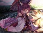  1girl animal_ears azur_lane bare_shoulders blush breasts closed_mouth eyebrows_visible_through_hair floral_background flower fox_ears fox_girl fox_tail gloves green_eyes hair_flower hair_ornament hairband hanazuki_(azur_lane) holding holding_umbrella in_water japanese_clothes kimono long_hair long_sleeves looking_at_viewer open_mouth pink_hair print_umbrella shibaebi_(yasaip_game) sitting smile solo tail umbrella very_long_hair wide_sleeves 