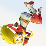  1girl aero alchera belt blonde_hair breasts commentary_request gloves long_hair looking_at_viewer open_mouth rockman rockman_dash rockman_dash_3 shorts simple_background solo thigh-highs v 