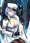  1girl azur_lane badge belt black_belt black_gloves blue_eyes blue_hair blush breasts chain chapayev_(azur_lane) coolnova eyebrows_visible_through_hair gloves hair_ornament hairclip hat highres holding_chain ice ice_crystal jacket large_breasts long_sleeves looking_at_viewer military_hat mole mole_on_breast open_mouth pantyhose peaked_cap short_hair sitting smile solo star white_headwear white_jacket 