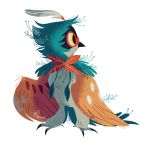  bird bird_focus claws commentary creature decidueye english_commentary full_body gen_7_pokemon looking_to_the_side no_humans pokemon pokemon_(creature) signature simple_background solo standing white_background yellow_eyes zoe_persico 