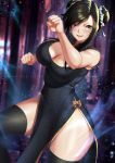  1girl alternate_costume alternate_hairstyle animal_print black_hair brown_eyes china_dress chinese_clothes cleavage_cutout double_bun dress fighting_stance final_fantasy final_fantasy_vii final_fantasy_vii_remake highres leopard_print lulu-chan92 smile solo thigh-highs tifa_lockhart 