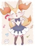  1girl ^_^ ^o^ bow bowtie braixen closed_eyes clothed_pokemon commentary_request dress full_body gen_6_pokemon musical_note open_mouth pokemon pyon_ko simple_background solo standing tail 