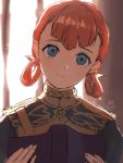  1girl annette_fantine_dominic blue_eyes book closed_mouth fire_emblem fire_emblem:_three_houses garreg_mach_monastery_uniform holding holding_book mayo_(becky2006) open_book orange_hair signature solo twintails uniform upper_body 