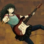  1girl black_hair blue_eyes guitar holding holding_instrument instrument kensight328 long_hair mole mole_under_eye original pants pants_under_skirt pointing pointing_at_viewer simple_background solo 