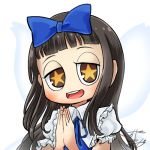  1girl avatar_icon bangs black_hair blue_bow blue_neckwear blunt_bangs bow chamaji collared_dress commentary fairy fairy_wings frilled_sleeves frills hair_bow hands_together long_hair looking_at_viewer lowres neck_ribbon open_mouth puffy_short_sleeves puffy_sleeves ribbon short_sleeves sidelocks signature smile solo star star-shaped_pupils star_sapphire symbol-shaped_pupils touhou upper_body white_background wings 
