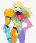  blonde_hair bruise denaseey eyebrows_visible_through_hair eyeliner eyeshadow flat_color injury long_eyelashes makeup metroid paper_texture ponytail power_armor samus_aran scrape simple_background smile upturned_eyebrows varia_suit white_background zig_zag_blush 