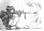  1girl anti-materiel_rifle apron bangs bipod blunt_bangs commentary_request debris firing greyscale gun idolmaster idolmaster_shiny_colors long_hair machismo_fuji maid maid_apron maid_dress mary_janes mayuzumi_fuyuko monochrome one_eye_closed one_knee recoil rifle scope shoes sniper_rifle solo suppressor two_side_up weapon 