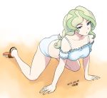  1girl all_fours artist_name blonde_hair blush dated diana_cavendish earrings frills jewelry little_witch_academia long_hair looking_at_viewer panties parted_lips sandals solo tsukudani_(coke-buta) underwear underwear_only white_panties 