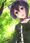  1girl animal_ear_fluff animare black_choker black_jacket black_shirt blush choker collarbone dappled_sunlight from_below haibara_akane highres jacket long_sleeves looking_at_viewer open_eyes outdoors purple_hair red_panda_ears sch shirt short_hair smile solo sunlight tree violet_eyes virtual_youtuber 