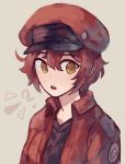  1girl ? ae-3803 ahoge artist_name bangs black_shirt brown_background cabbie_hat confused fenori hair_between_eyes hat hataraku_saibou jacket looking_to_the_side open_mouth portrait red_blood_cell red_headwear red_jacket redhead shirt short_hair solo yellow_eyes 