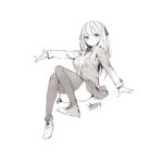  1girl breasts closed_mouth dated ejami greyscale legs long_hair looking_at_viewer monochrome shoes signature simple_background skirt sneakers solo thigh-highs white_background 