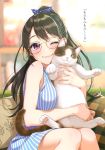  1girl ;) absurdres animal bangs bare_arms bare_shoulders blue_dress blue_ribbon blurry blurry_background blush cat closed_mouth couch dated depth_of_field dress glasses hair_ribbon high_ponytail highres hug long_hair looking_at_viewer mole mole_under_eye morikura_en on_couch one_eye_closed original pillow polka_dot_ribbon ribbon round_eyewear scan signature sitting sleeveless sleeveless_dress smile solo striped vertical-striped_dress vertical_stripes yellow-framed_eyewear 