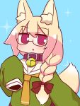  1girl :o animal_ear_fluff animal_ears bell bell_collar bespectacled black-framed_eyewear blonde_hair blue_background blush bow braid brown_collar collar fox_ears fox_girl fox_tail glasses green_shirt hair_bow hair_over_shoulder highres jingle_bell kemomimi-chan_(naga_u) long_hair long_sleeves looking_at_viewer naga_u orange_neckwear original parted_lips red_bow sailor_collar semi-rimless_eyewear shirt simple_background single_braid sleeves_past_fingers sleeves_past_wrists solo sparkle tail under-rim_eyewear upper_body white_sailor_collar 