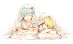  2boys barcode bed blanket blonde_hair blue_hair closed_eyes commentary crossed_arms facial_tattoo facing_viewer index_finger_raised kagamine_len kaito looking_at_another lying male_focus multiple_boys on_stomach pillow shirt short_sleeves sinaooo strange_dark_(module) tattoo under_covers vocaloid white_background white_shirt 