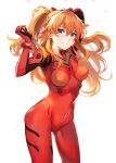  1girl ass_visible_through_thighs baisi_shaonian blue_eyes bodysuit breasts covered_navel cropped_legs feet_out_of_frame female hair_between_eyes highres looking_at_viewer medium_breasts neon_genesis_evangelion original plugsuit red_bodysuit simple_background smile solo souryuu_asuka_langley standing two_side_up white_background 