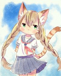  animal_ears arms_behind_back blush cat cat_ears cat_girl cat_tail commentary_request cowboy_shot furry green_eyes kemoribon long_hair looking_away original pleated_skirt sailor_collar school_uniform skirt standing tail twintails 