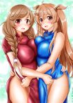 2girls alternate_costume aqua_background bare_legs blue_dress breast_press breasts brown_eyes china_dress chinese_clothes dress eyebrows_visible_through_hair gradient gradient_background hair_between_eyes hair_flaps heterochromia highres kantai_collection large_breasts light_brown_hair long_hair looking_at_viewer low_twin_braids minegumo_(kantai_collection) multiple_girls murasame_(kantai_collection) open_mouth red_dress red_eyes short_sleeves smile thighs twintails two_side_up uratomomin 