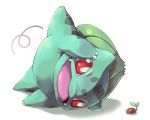  :d bulbasaur claws commentary_request creature fangs full_body gen_1_pokemon happy hijirino_yuuta lying motion_lines no_humans on_side open_mouth pokemon pokemon_(creature) red_eyes simple_background smile solo white_background 