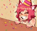  1girl animal_ear_fluff animal_ears blush cat_ears commentary confetti english_commentary grin happy hat kollerss kollie_(kollerss) nose_blush original party_hat pink_eyes red_eyes red_nails smile solo whisker_markings 