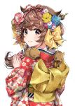  1girl absurdres animal animal_on_shoulder asa_no_ha_(pattern) blue_flower blue_rose blush boar bow brown_eyes brown_hair chinese_zodiac closed_mouth fingernails floral_print flower hair_bow hair_flaps hair_flower hair_ornament hair_stick hands_up highres japanese_clothes kanzashi kimono kouhaku_nawa long_hair looking_at_viewer looking_to_the_side morikura_en obi original own_hands_together print_kimono red_kimono rose sash scan smile solo upper_body year_of_the_pig 
