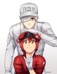  1boy 1girl :| ahoge artist_name baseball_cap black_eyes black_shirt brown_eyes cabbie_hat closed_mouth collared_shirt dahae empty_eyes expressionless eyelashes gloves gradient gradient_background hair_between_eyes hair_over_one_eye hand_on_another&#039;s_head hat hataraku_saibou index_finger_raised jacket jitome light_smile looking_at_viewer pocket pointing pointing_up raised_eyebrows red_headwear red_jacket redhead shaded_face shirt short_hair standing translated uniform upper_body white_background white_gloves white_hair white_headwear white_shirt 