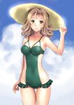  1girl adjusting_headwear bikini blue_sky breasts brown_eyes brown_hair closed_mouth clouds cloudy_sky commentary covered_navel day drill_hair frilled_bikini frills green_swimsuit hat katahira_masashi looking_at_viewer medium_breasts original outdoors sky smile solo standing sun_hat swimsuit thigh_gap yellow_headwear 