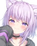  1girl :3 ahoge animal_ear_fluff animal_ears black_choker black_hoodie blush cat_ears cheek_squash choker closed_mouth commentary eyebrows_visible_through_hair hair_between_eyes hand_on_own_cheek hand_on_own_face highres hololive lavender_hair looking_at_viewer medium_hair nekomata_okayu portrait sleeves_past_fingers sleeves_past_wrists smile solo topia violet_eyes virtual_youtuber 