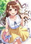  1girl :d bag blurry blurry_background blush bokeh brown_eyes brown_hair collarbone cowboy_shot day depth_of_field earrings handbag idolmaster idolmaster_cinderella_girls jewelry long_hair looking_at_viewer miniskirt morikura_en necklace one_side_up open_mouth outdoors shimamura_uzuki shirt skirt sleeveless smile solo wavy_mouth white_shirt yellow_skirt 