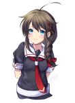  1girl ahoge black_hair black_serafuku blue_eyes braid commentary_request hair_flaps hair_ornament hair_over_shoulder ittokyu kantai_collection looking_at_viewer neckerchief red_neckwear remodel_(kantai_collection) sailor_collar school_uniform serafuku shigure_(kantai_collection) simple_background single_braid smile solo upper_body white_background white_sailor_collar 