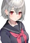  1girl absurdres bangs black_sailor_collar black_shirt closed_mouth commentary_request eyebrows_visible_through_hair grey_hair hair_between_eyes highres looking_at_viewer neckerchief original red_eyes red_neckwear sailor_collar school_uniform serafuku shirt short_hair simple_background smile solo upper_body usamochi. white_background 
