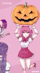  3girls android commentary_request copyright_name dana_zane dorothy_haze halloween happy helmet highres jack-o&#039;-lantern jill_stingray lifting multiple_girls pink_hair pumpkin purple_hair rasen_manga va-11_hall-a 