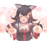  1girl animal_ear_fluff animal_ears black_hair blurry blurry_background blush cherry_blossoms closed_eyes detached_sleeves facing_viewer hair_ornament hairclip hololive izumi_sai kouhaku_nawa long_hair long_sleeves multicolored_hair ookami_mio open_mouth photo_background red_neckwear redhead smile solo streaked_hair upper_body v very_long_hair virtual_youtuber wolf_ears wolf_girl 
