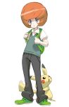  1boy backpack bag black_pants commentary creature english_commentary full_body gen_1_pokemon green_footwear grey_eyes highres male_focus orange_hair pants pikachu pinkgermy pokemon pokemon_(creature) pokemon_(game) pokemon_sm shoes signature simple_background tanding toroba_(pokemon) white_background 