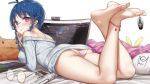  1girl ankle_ribbon bare_legs barefoot blue_hair computer curved_monitor feet glasses gun highres keyboard_(computer) monitor original panties pillow pink_eyes ponytail ribbon short_hair sweater talisman toe_ribbon toes toes_up underwear weapon wet.elephant 