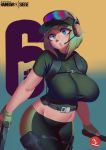  1girl artist_request backpack bag blush breasts crop_top ela elzbieta_bosak freckles gloves green_hair gun hat headphones holster large_breasts legs open_mouth rainbow_six_siege short_hair simple_background solo tan thick_thighs thighs ubisoft weapon 
