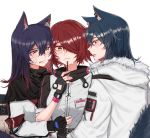  3girls animal_ear_fluff animal_ears arknights bangs black_capelet black_gloves black_hair blush capelet clenched_teeth commentary_request dual_persona exusiai_(arknights) fingerless_gloves food fur-trimmed_jacket fur_trim gloves hair_between_eyes hair_over_one_eye hand_up highres holding holding_food hug jacket kotori_(b-i-r-d) long_hair long_sleeves looking_at_another multiple_girls pocky profile raglan_sleeves redhead short_hair simple_background smile sweat teeth texas_(arknights) upper_body white_background white_jacket wolf_ears yellow_eyes 
