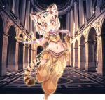  1girl alternate_costume animal_ears arabian_clothes baggy_clothes belly_dancing blonde_hair blush bracelet brown_hair cat_ears cat_tail commentary_request crop_top extra_ears eyebrows_visible_through_hair head_chain highres jewelry kemono_friends kemono_friends_3 kolshica midriff multicolored_hair necklace pants sand_cat_(kemono_friends) scarf see-through short_hair short_sleeves solo tail yellow_eyes yellow_pants 