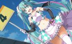  1girl bare_hips earphones elbow_gloves gloves green_eyes green_hair hatsune_miku highres holding holding_sign looking_at_viewer racing_miku shikei sign skirt smile solo thigh-highs twintails vocaloid 
