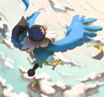  bird bird_focus black_eyes chatot clouds cloudy_sky commentary creature day english_commentary feathers flying from_above full_body gen_4_pokemon looking_at_viewer looking_back no_humans pinkgermy pokemon pokemon_(creature) sky solo 