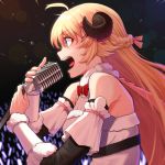  1girl ahoge blonde_hair braid breasts commentary concert crown_braid detached_sleeves dress eyebrows_visible_through_hair from_side fur_collar glint glowstick hair_between_eyes hair_ornament hair_ribbon hololive horns long_hair medium_breasts microphone microphone_stand mikan_(chipstar182) music open_mouth profile ribbed_dress ribbon sheep_horns singing solo straight_hair sweat teeth tongue tsunomaki_watame upper_body violet_eyes virtual_youtuber white_dress 