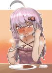  1girl absurdres ahoge bangs bare_arms blush commentary_request crying crying_with_eyes_open curry dish drooling eating eyebrows_visible_through_hair food hair_ornament highres holding holding_spoon nose_blush open_mouth purple_hair saliva short_hair_with_long_locks siwasunohige snot solo spoon sweat tears upper_body violet_eyes voiceroid wet wet_clothes yuzuki_yukari 