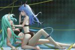  2girls absurdres argyle argyle_background arknights arm_support ass bangs bare_arms bare_legs bare_shoulders barefoot black_bra black_nails black_panties blue_hair blush bra breasts ch&#039;en_(arknights) chinese_commentary commentary_request dragon_horns dragon_tail feet_out_of_frame from_side green_eyes green_hair highres horn horns hoshiguma_(arknights) huge_filesize kneeling long_hair looking_at_another medium_breasts multiple_girls panties piao_miao profile reclining red_eyes red_nails stomach tail thighs toenail_polish underwear underwear_only yuri 