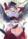  ario armpits bare_shoulders black_wings branch convenient_censoring crotchless crotchless_pants detached_sleeves from_below hair_between_eyes hair_rings japanese_clothes nijisanji obi red_headwear red_sleeves sash virtual_youtuber wings yamagami_karuta yellow_eyes 