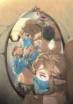  1boy 1girl blonde_hair bridal_gauntlets crossdressinging detached_sleeves earrings gerudo gerudo_link gyou_chin hands_on_another&#039;s_shoulders head_out_of_frame jewelry link midriff mirror pointy_ears reflection stomach the_legend_of_zelda the_legend_of_zelda:_breath_of_the_wild upper_body veil 