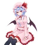  1girl bangs bat_wings black_legwear blue_hair breasts center_frills commentary dated_commentary eyebrows_visible_through_hair frilled_skirt frills hair_between_eyes hat highres juliet_sleeves junior27016 long_sleeves looking_at_viewer medium_breasts mob_cap pink_headwear pink_shirt pink_skirt pointy_ears puffy_sleeves red_eyes remilia_scarlet shirt short_hair simple_background sitting skirt skirt_set smile solo thigh-highs touhou white_background wings 