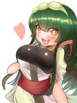 1girl bangs blush breasts brown_eyes commentary_request dark_green_hair eyebrows_visible_through_hair green_hairband hairband heart heart-shaped_pupils highres large_breasts long_hair looking_at_viewer muneate open_mouth saliva simple_background siwasunohige solo symbol-shaped_pupils touhoku_zunko upper_body voiceroid white_background