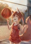  1girl absurdres animal_ears basketball basketball_uniform blurry chain-link_fence collarbone depth_of_field fence fuyume_fuyume highres original ponytail redhead shorts spinning sportswear tail undershirt 